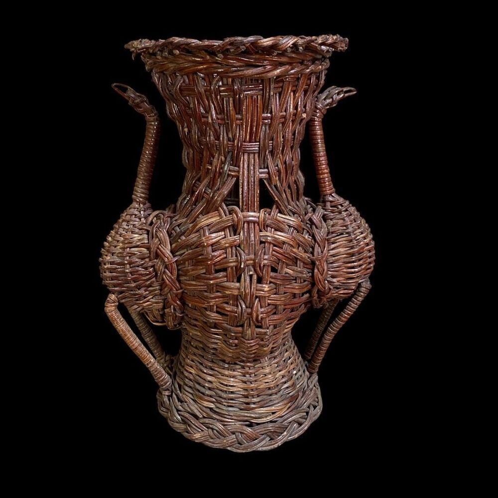 Vintage Wicker Vase Birds Peacock Crane